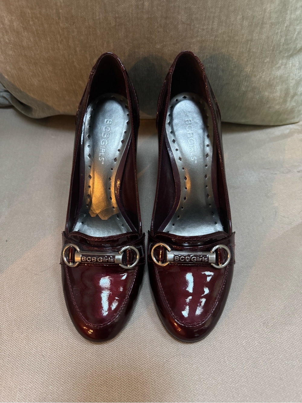 BCBGirls Burgundy Patent Leather Heels with Gold-Tone Accent